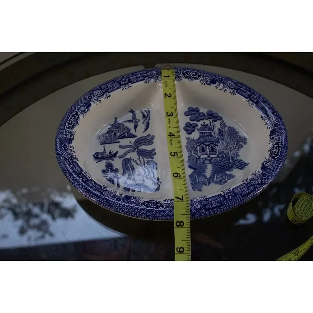 Churchill Blue Willow Oval Divided Serving‎ Dish Staffordshire  England 10”